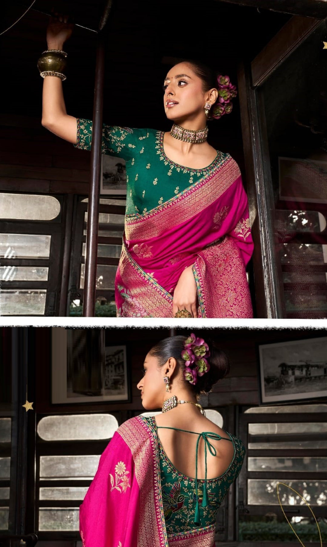 Women Pink And Green Viscose Silk Embroidery Saree