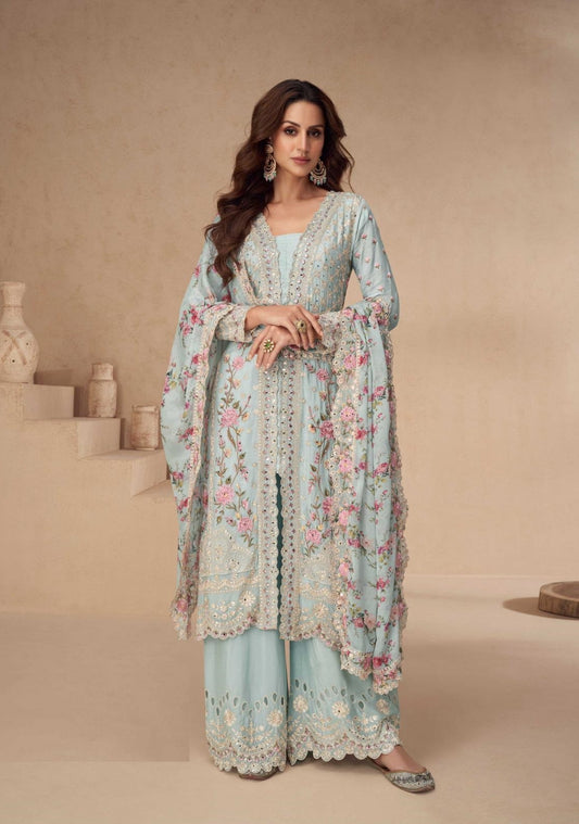 Avant-Garde Sky Blue Chinon Silk Front Slit Salwar Suit Set