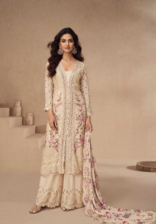 Amazing Beige Chinon Silk Front Slit Salwar Suit Set
