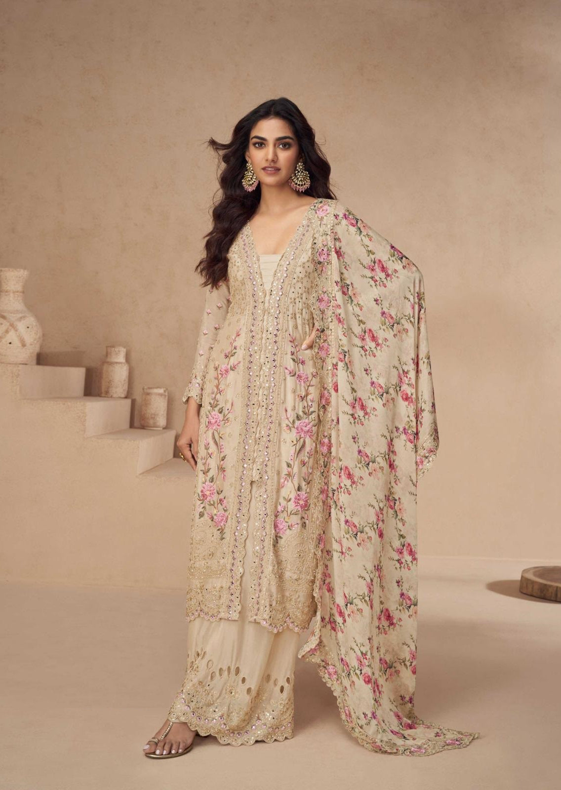 Amazing Beige Chinon Silk Front Slit Salwar Suit Set