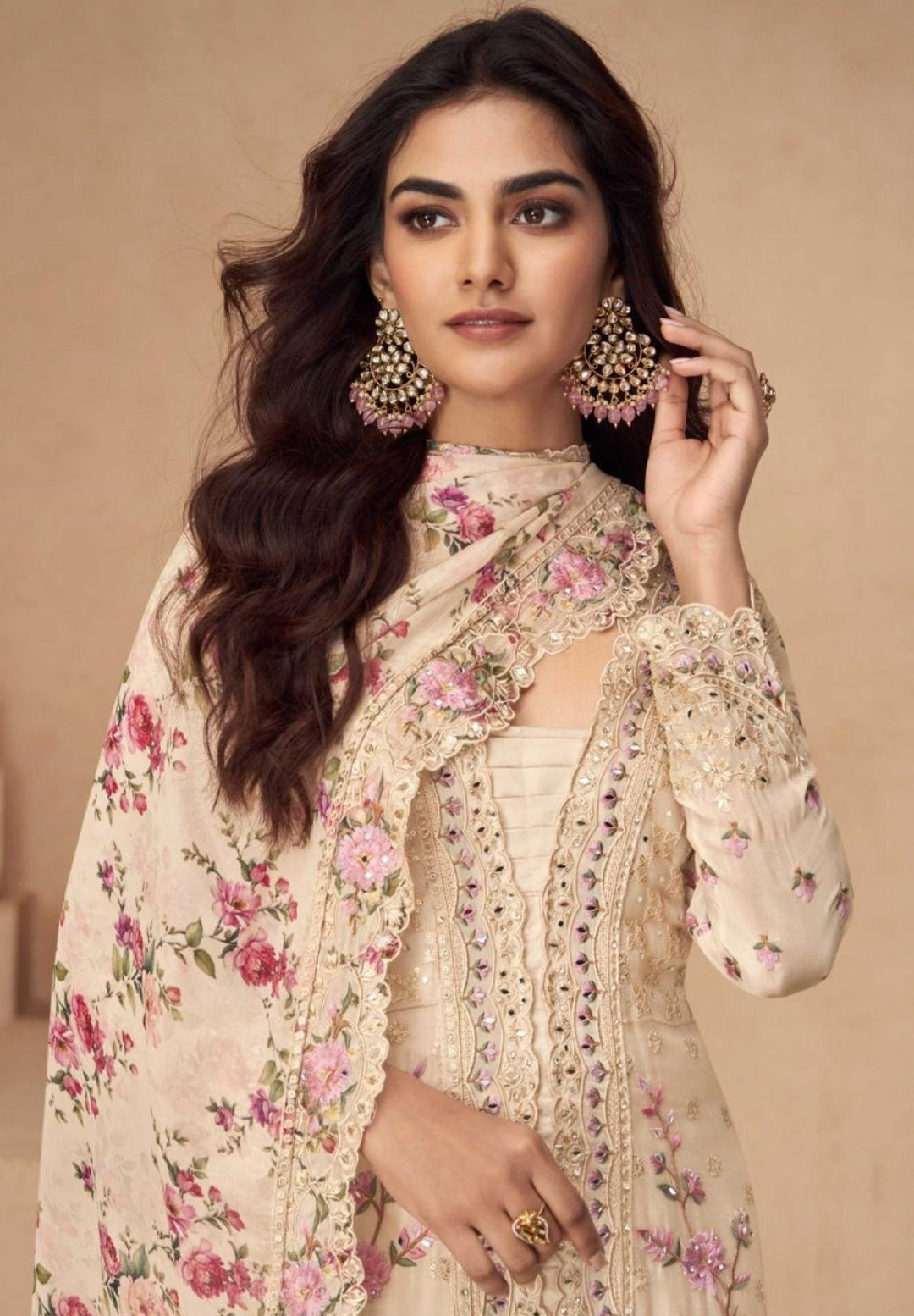 Amazing Beige Chinon Silk Front Slit Salwar Suit Set