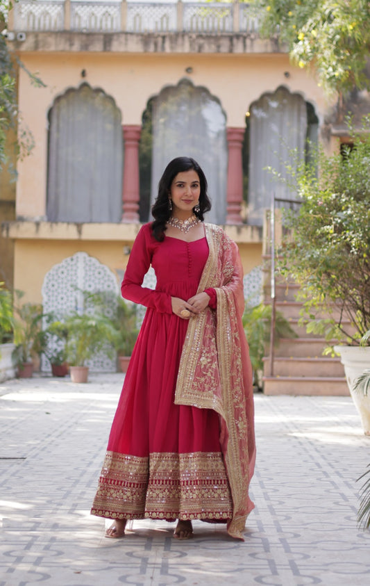 Women Pink Vichitra Sequins With Embroidery Work Gown With Dupatta