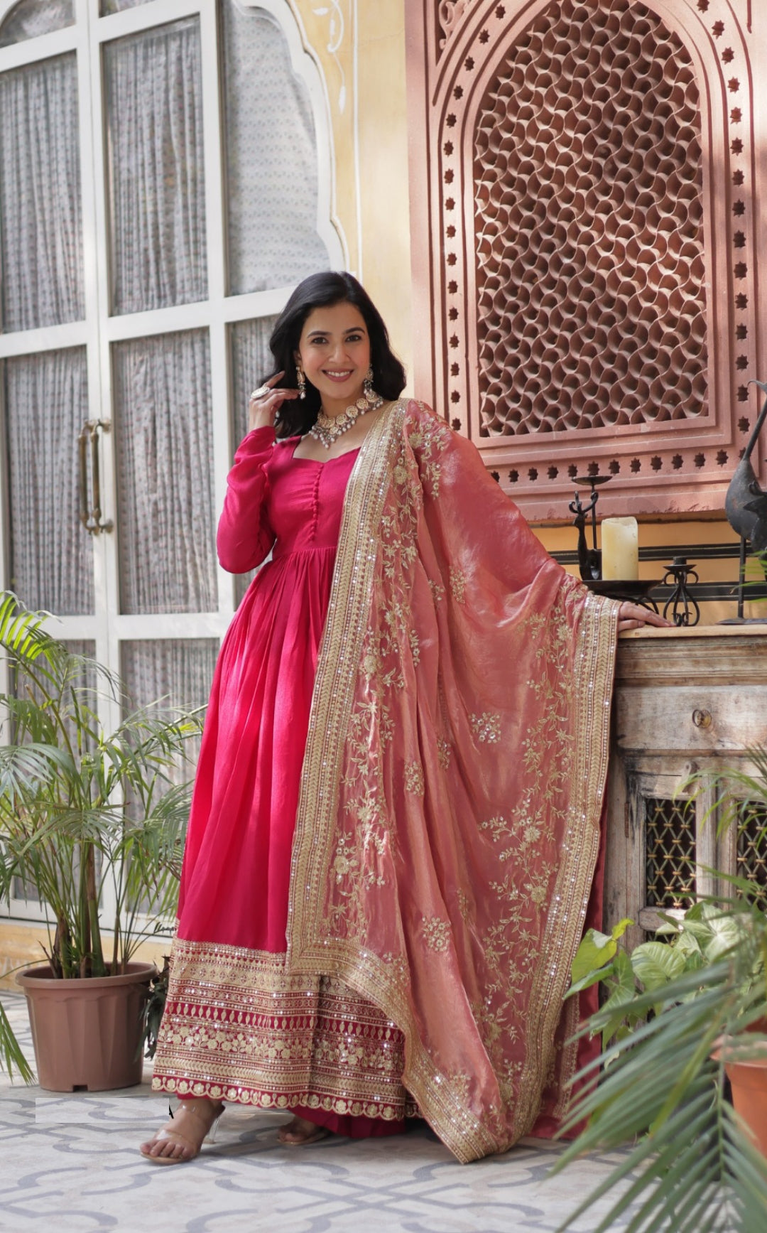 Women Pink Vichitra Sequins With Embroidery Work Gown With Dupatta