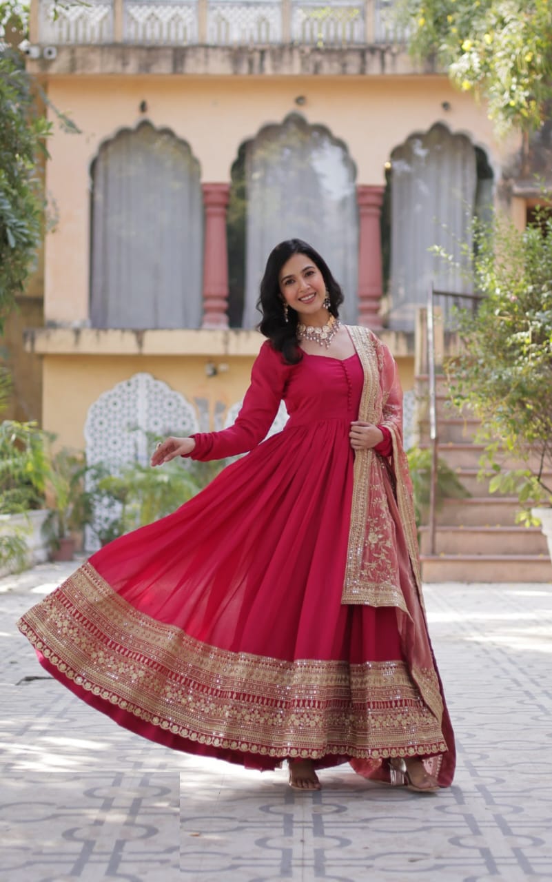 Women Pink Vichitra Sequins With Embroidery Work Gown With Dupatta
