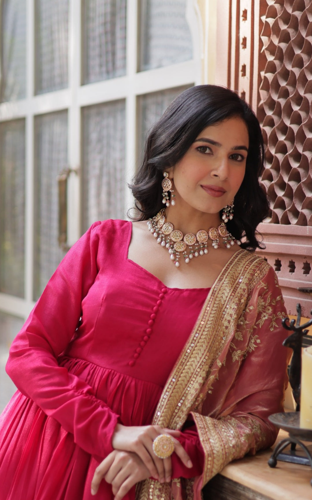 Women Pink Vichitra Sequins With Embroidery Work Gown With Dupatta
