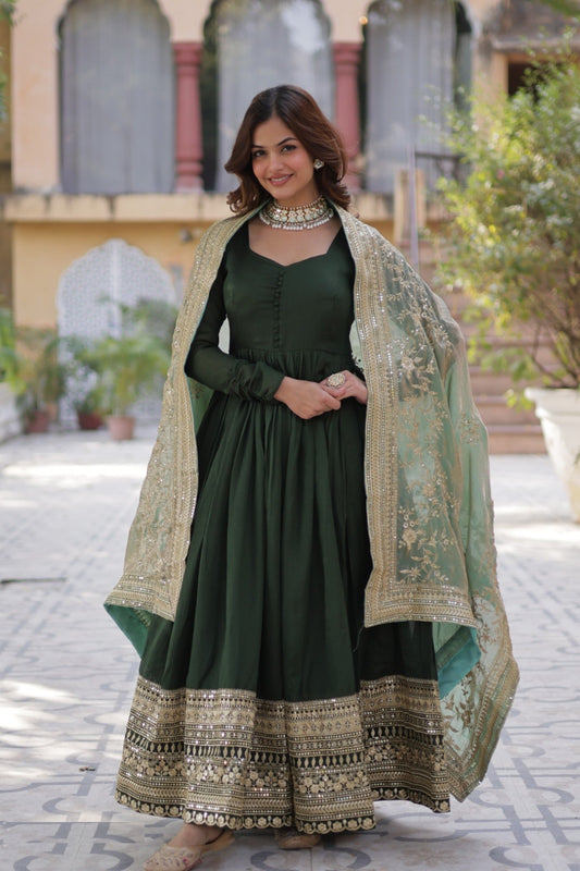 Women Dark Green Vichitra Sequins With Embroidery Work Gown With Dupatta