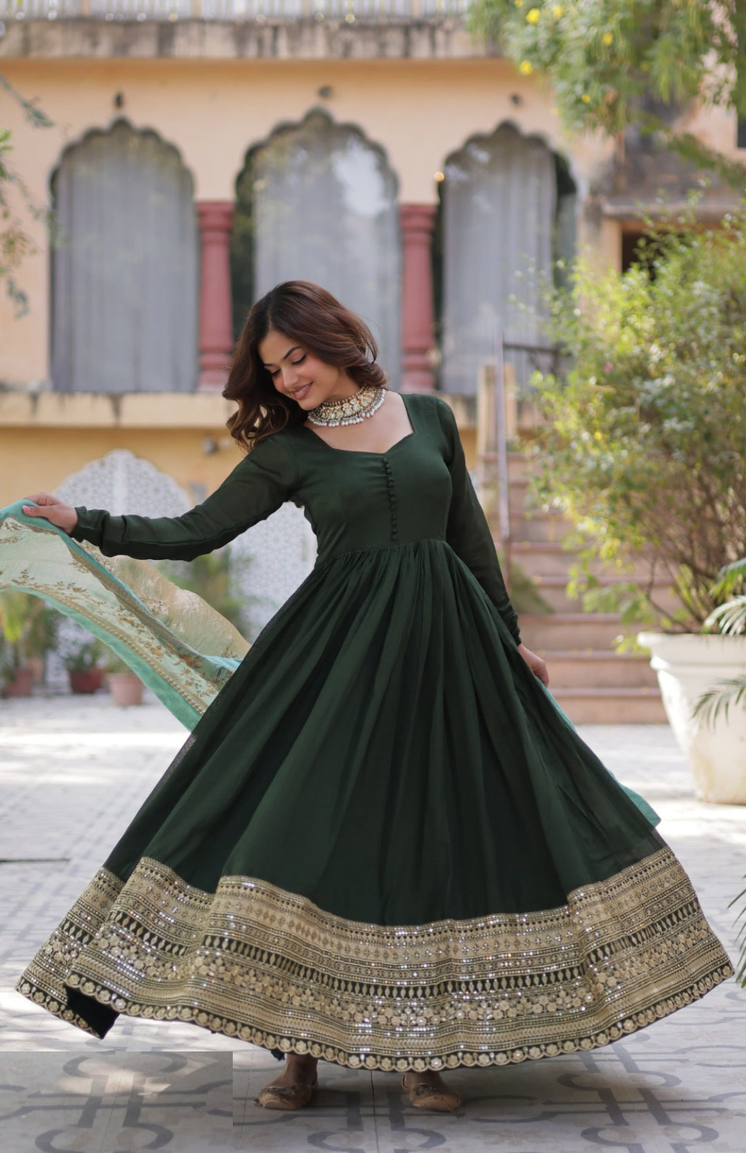 Women Dark Green Vichitra Sequins With Embroidery Work Gown With Dupatta