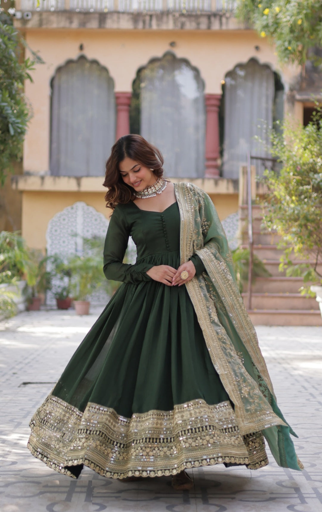 Women Dark Green Vichitra Sequins With Embroidery Work Gown With Dupatta
