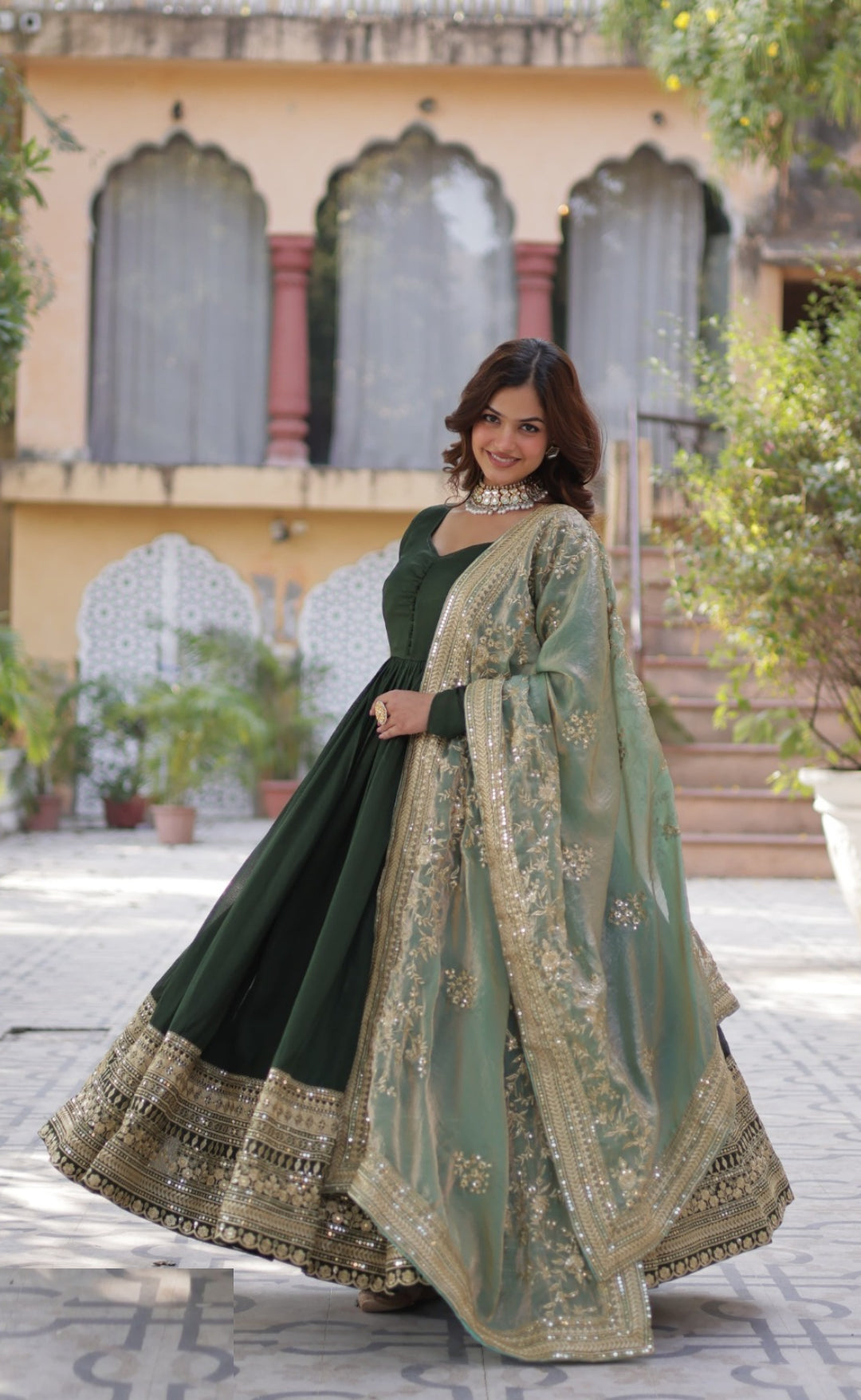 Women Dark Green Vichitra Sequins With Embroidery Work Gown With Dupatta
