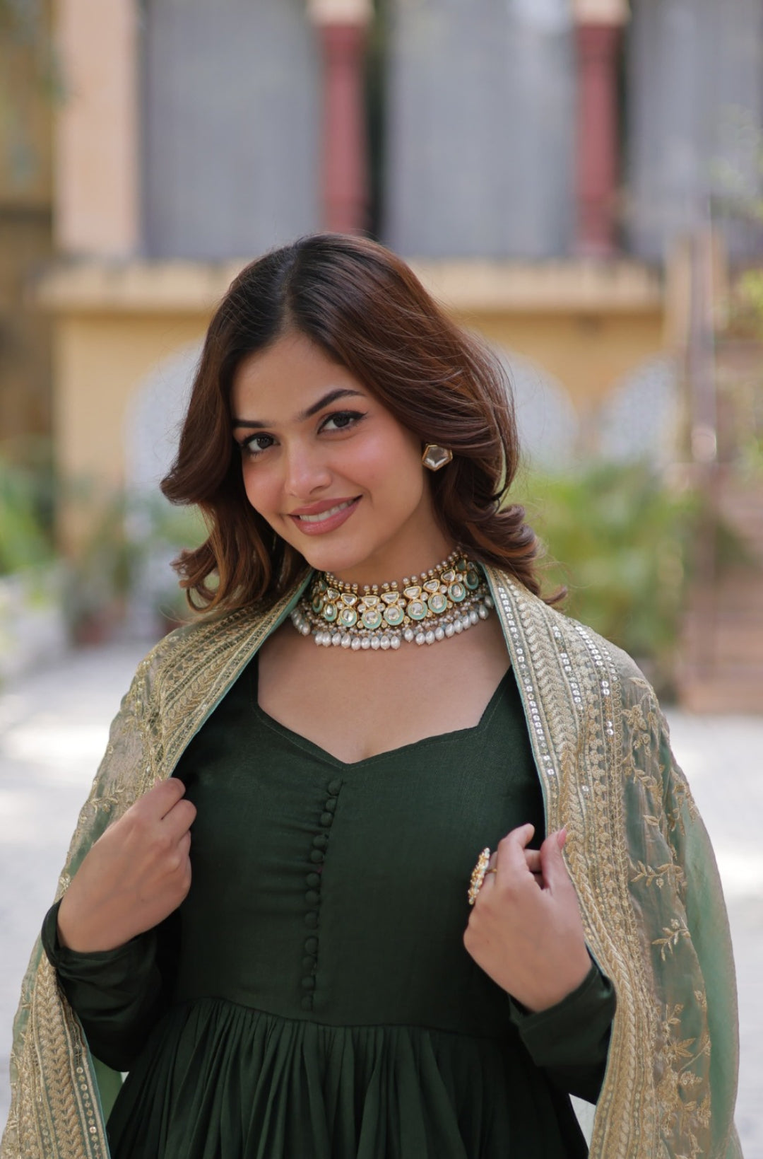 Women Dark Green Vichitra Sequins With Embroidery Work Gown With Dupatta