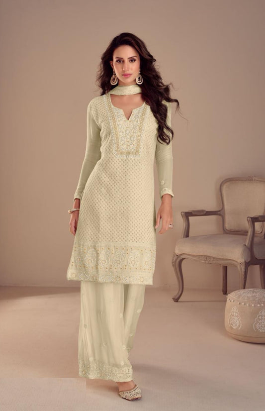 Sumptuous Off White Georgette Pant Bottom Suit Set