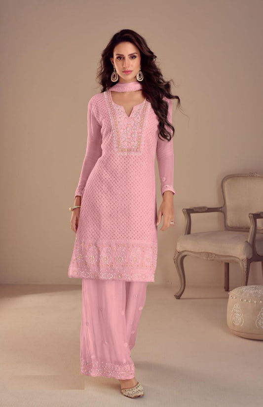 Statement-Making Light Pink Georgette Pant Bottom Suit Set