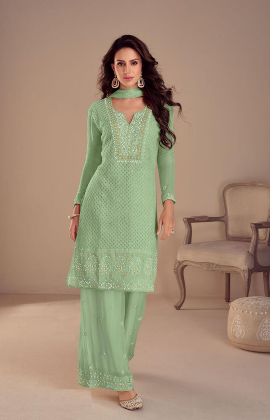 Couture Sea Green Georgette Pant Bottom Suit Set