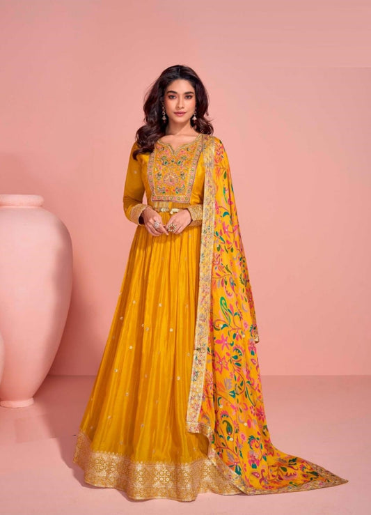 Flattering Mustard Chinon Silk Gown With Dupatta
