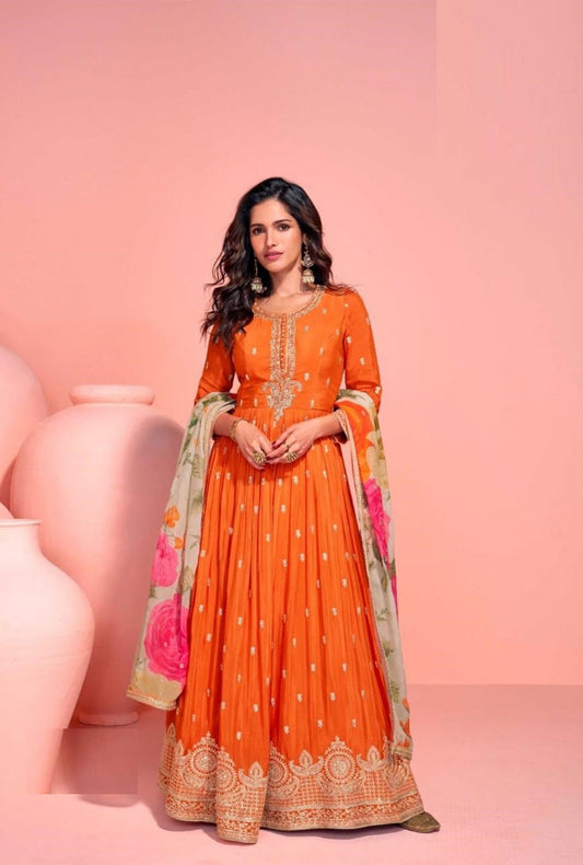 Sublime Orange Chinon Silk Gown With Dupatta