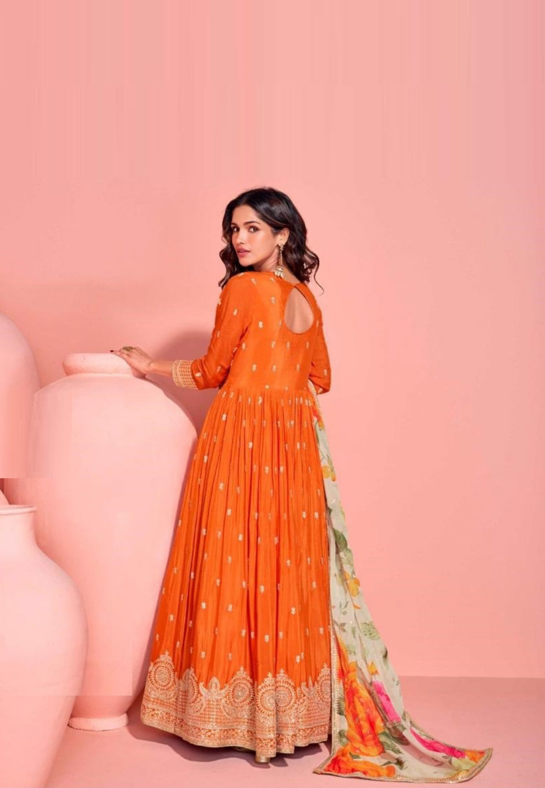 Sublime Orange Chinon Silk Gown With Dupatta