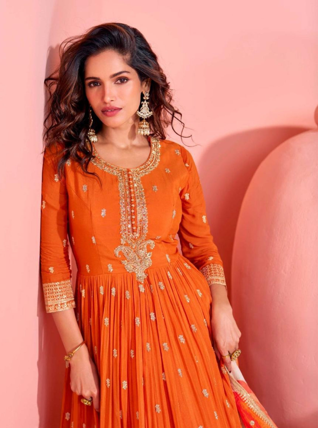 Sublime Orange Chinon Silk Gown With Dupatta