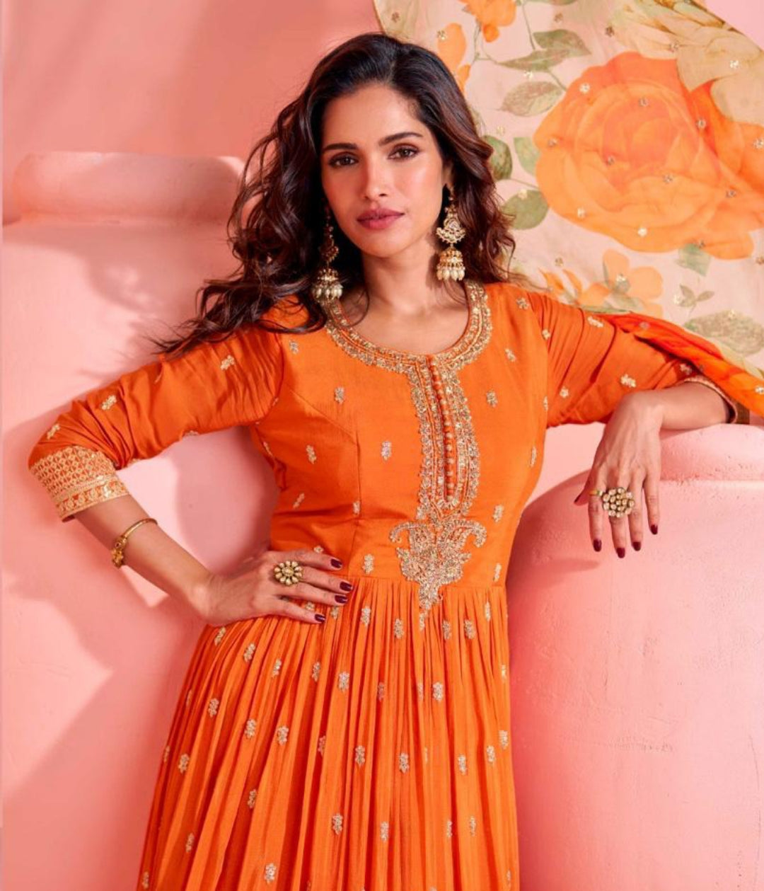Sublime Orange Chinon Silk Gown With Dupatta