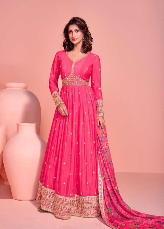 Iconic Pink Chinon Silk Gown With Dupatta