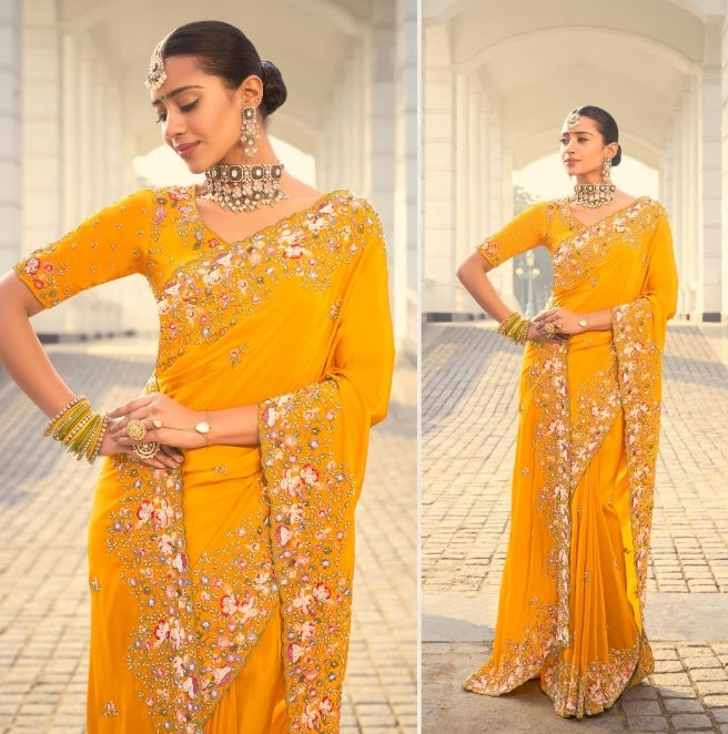 Flattering Yellow Crepe With Moti Jarkan & Thread Embroidery Work Bridal Saree