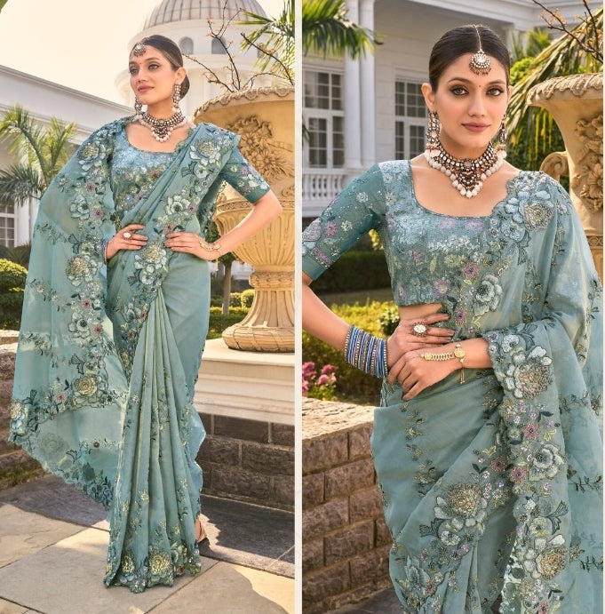 Sublime Sky Blue Organza With Thread Sequence Moti Cut-Dana & Jarkan Work Bridal Saree