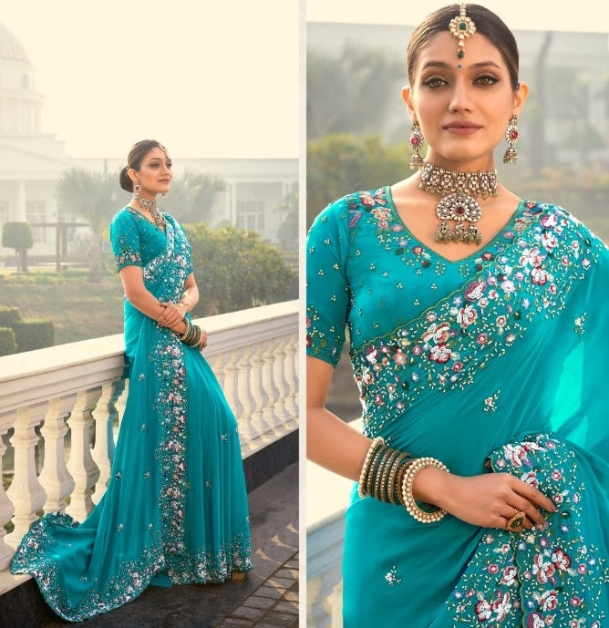 Sumptuous Blue Crepe With Moti Jarkan & Thread Work Bridal Saree