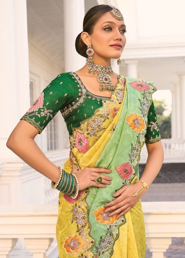 Statement-Making Yellow Crepe Jacquard With Jari Cut-Dana & Moti Work Bridal Saree