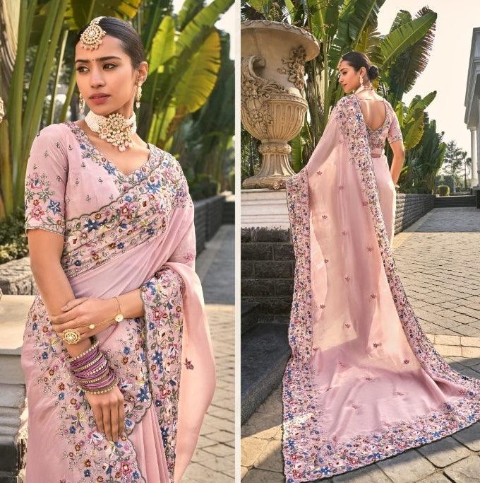 Tailored-To-Perfection Powder Pink Banarasi Jari Cut-Dana & Moti Work Bridal Saree