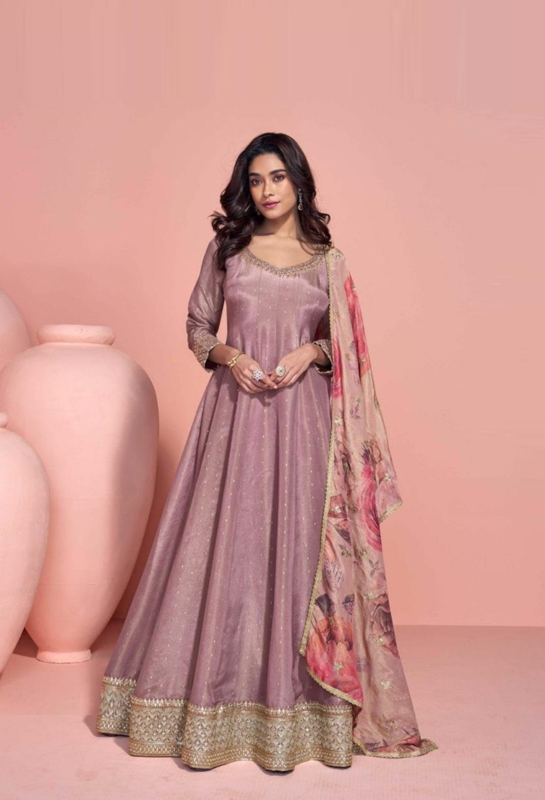 Comfy Lilac Pure Viscose Jacquard Silk Real Shimmer Organza Silk Gown With Dupatta