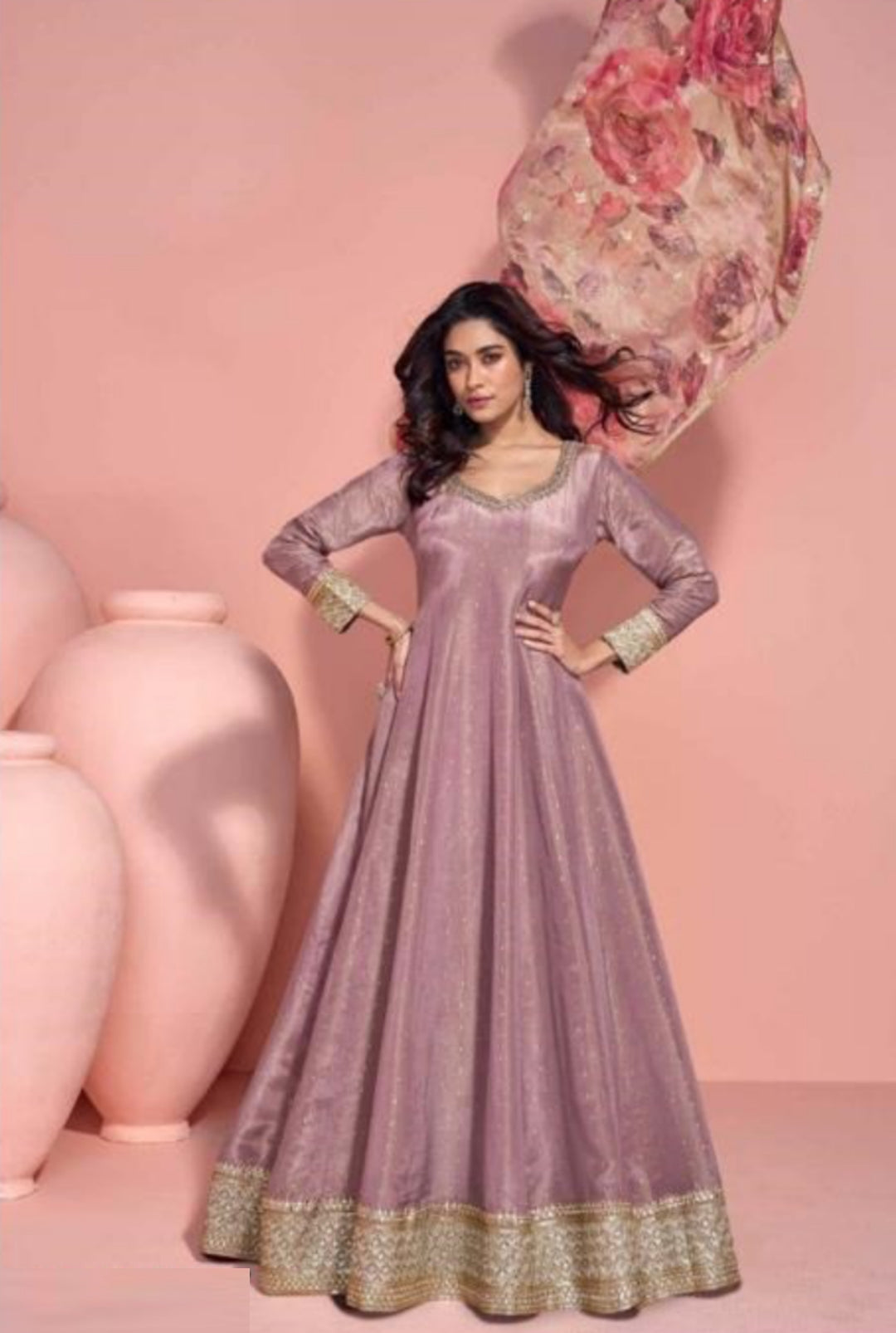 Comfy Lilac Pure Viscose Jacquard Silk Real Shimmer Organza Silk Gown With Dupatta