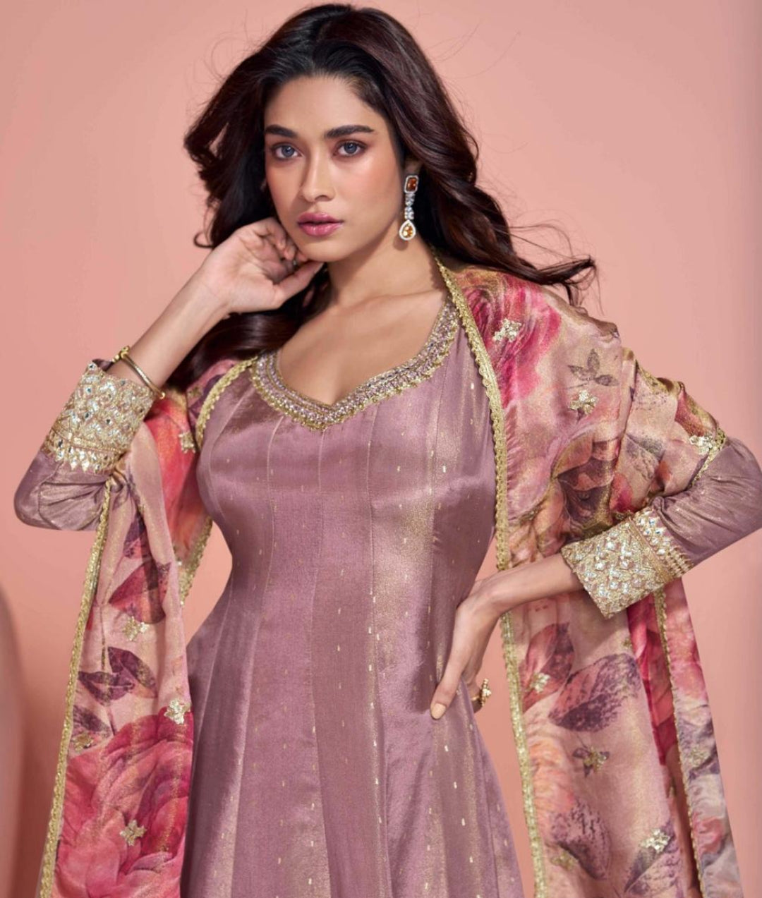 Comfy Lilac Pure Viscose Jacquard Silk Real Shimmer Organza Silk Gown With Dupatta