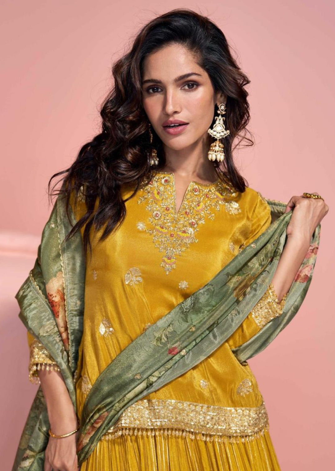 Magnificent Mustard Pure Viscose Jacquard Silk Real Shimmer Organza Silk Gown With Dupatta