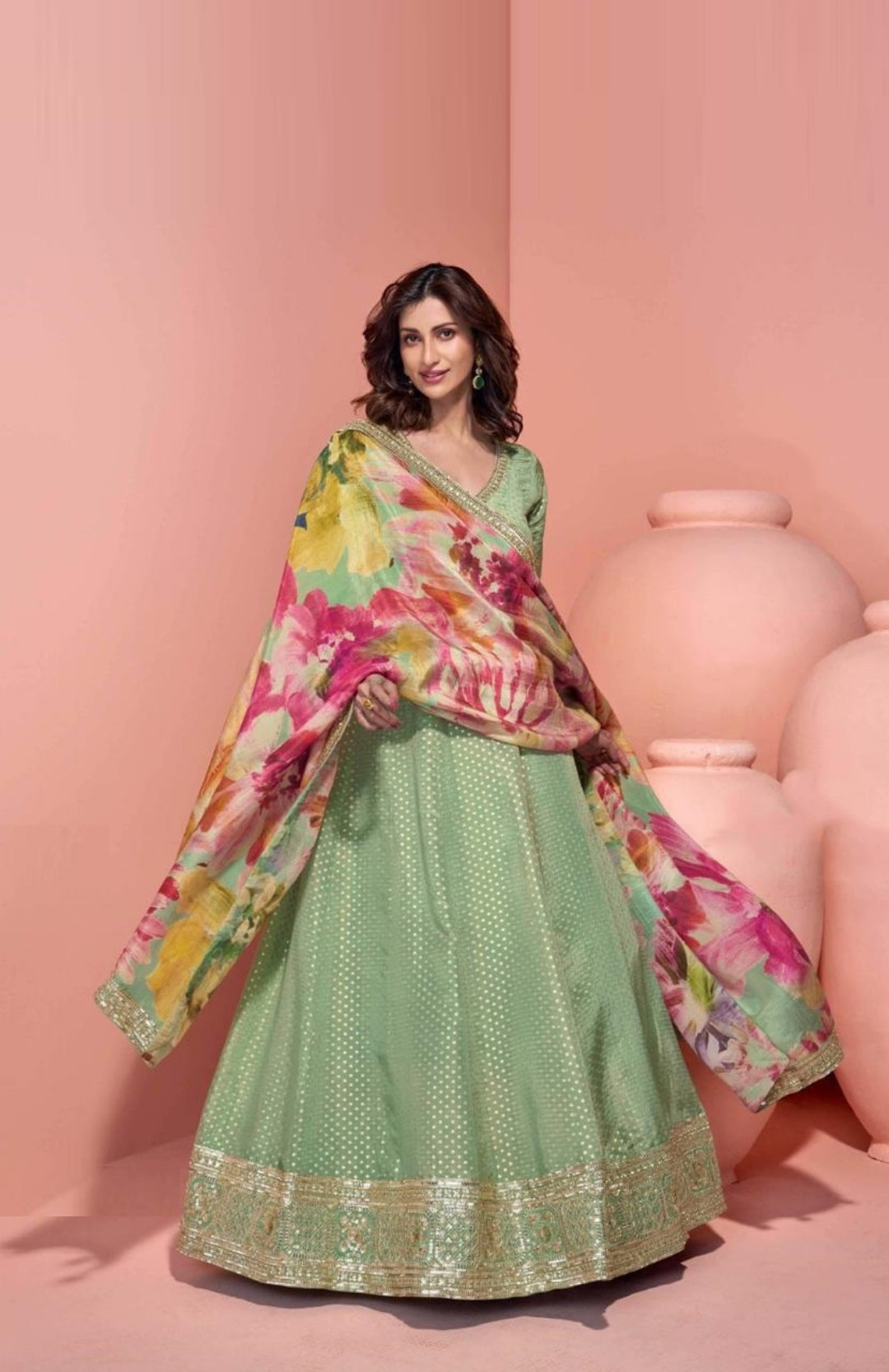 Women Sea Green Pure Viscose Jacquard Silk Real Shimmer Organza Silk Gown With Dupatta