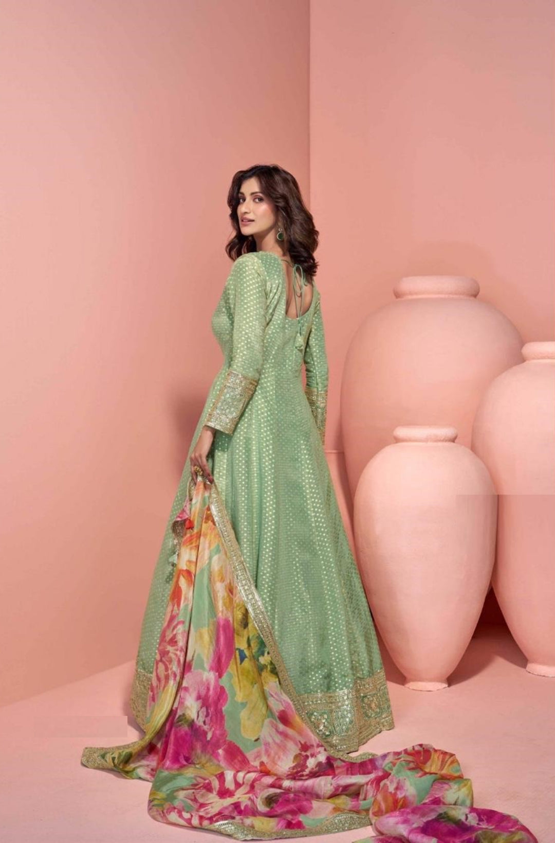 Women Sea Green Pure Viscose Jacquard Silk Real Shimmer Organza Silk Gown With Dupatta