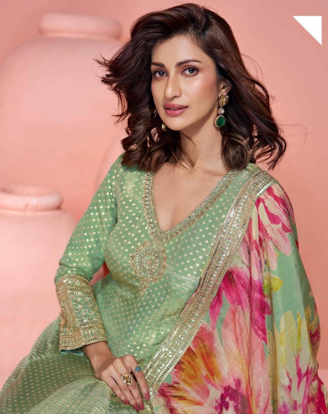 Women Sea Green Pure Viscose Jacquard Silk Real Shimmer Organza Silk Gown With Dupatta