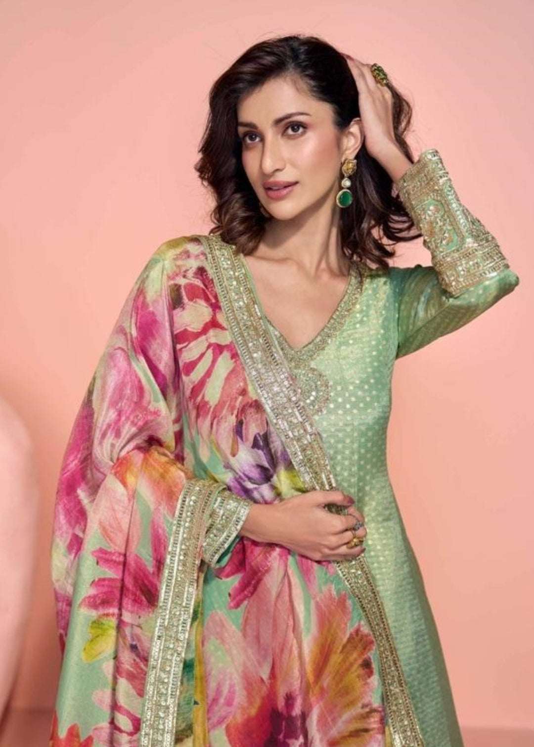 Women Sea Green Pure Viscose Jacquard Silk Real Shimmer Organza Silk Gown With Dupatta