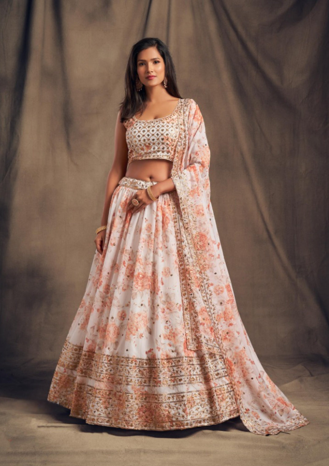 Women Off White Organza Stylish Lehenga