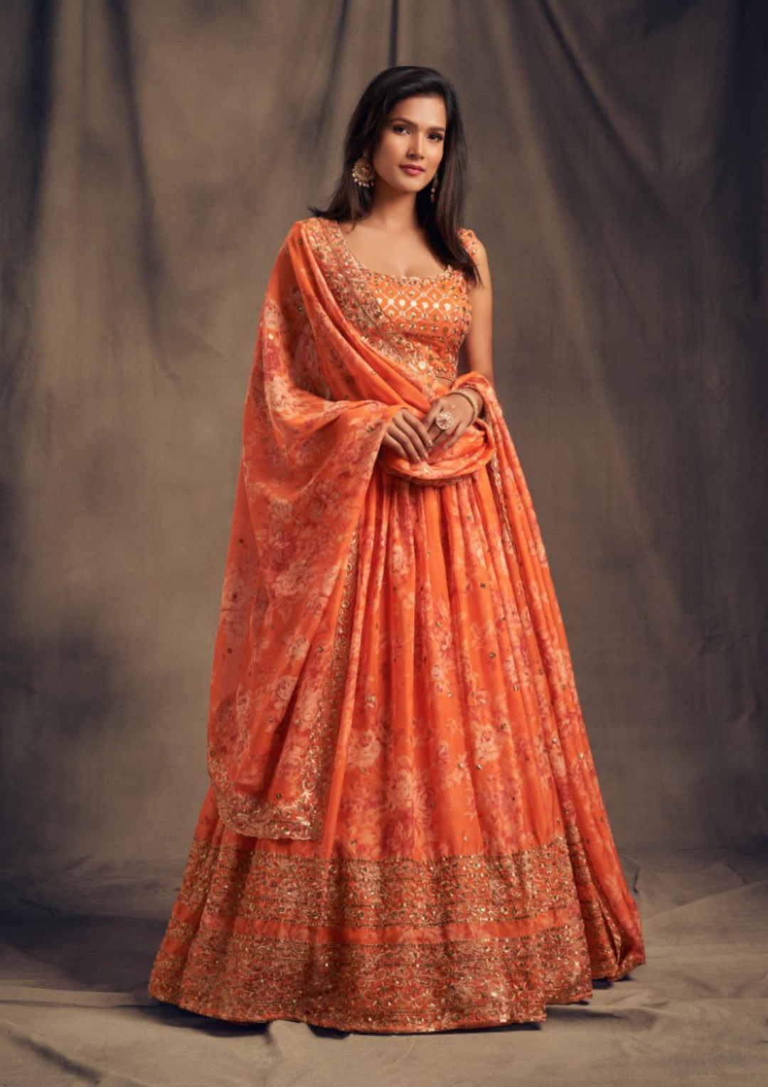 Women Orange Organza Stylish Lehenga