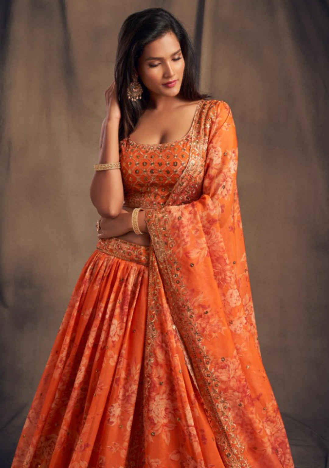 Women Orange Organza Stylish Lehenga