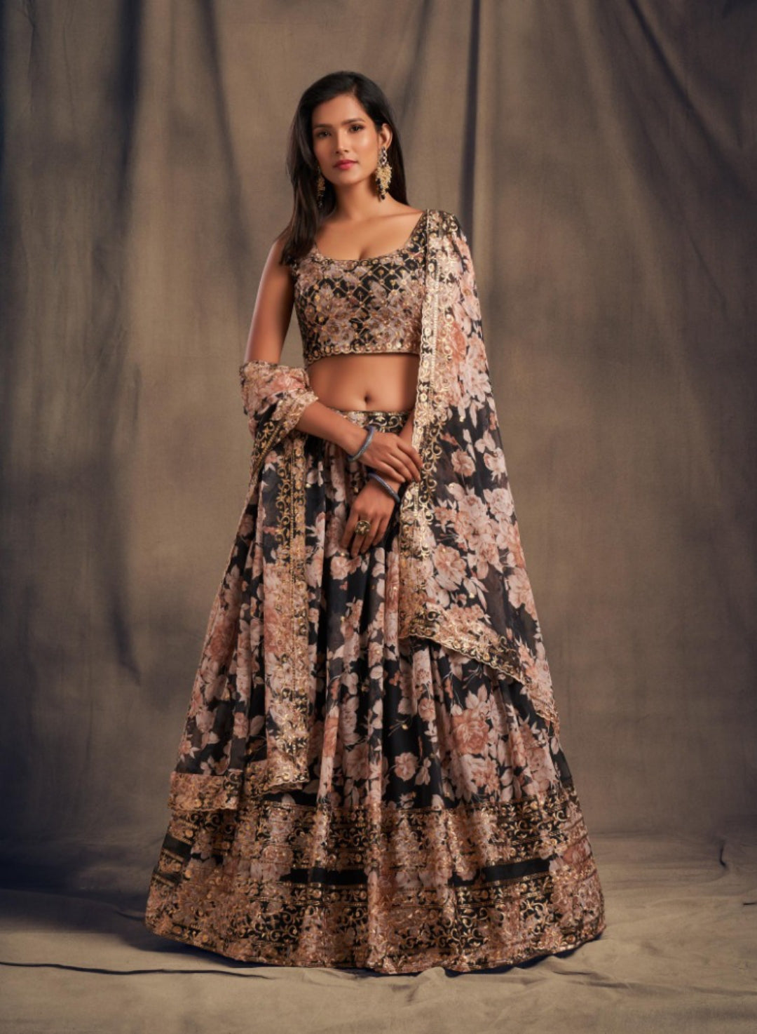 Women Black Organza Stylish Lehenga