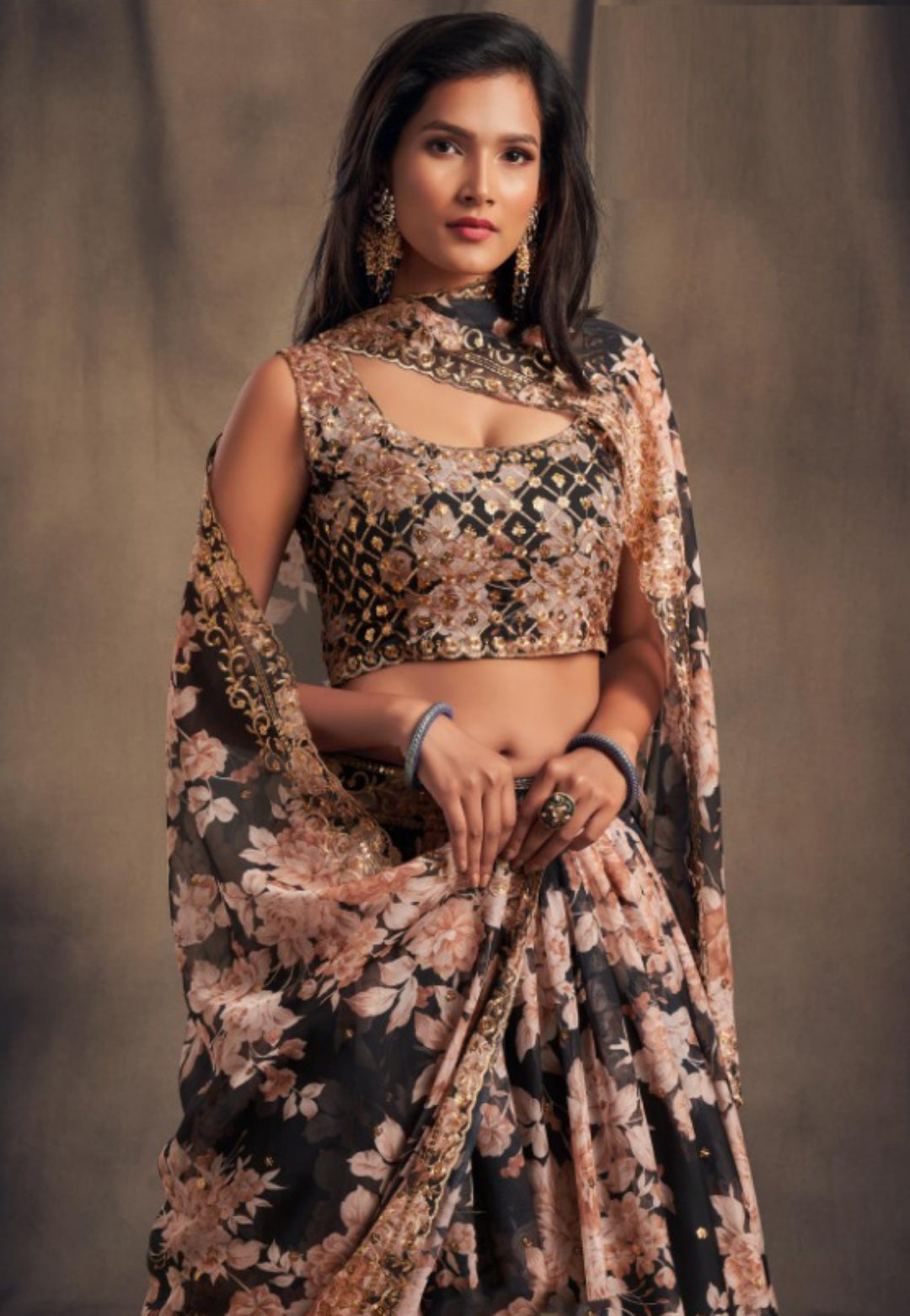 Women Black Organza Stylish Lehenga