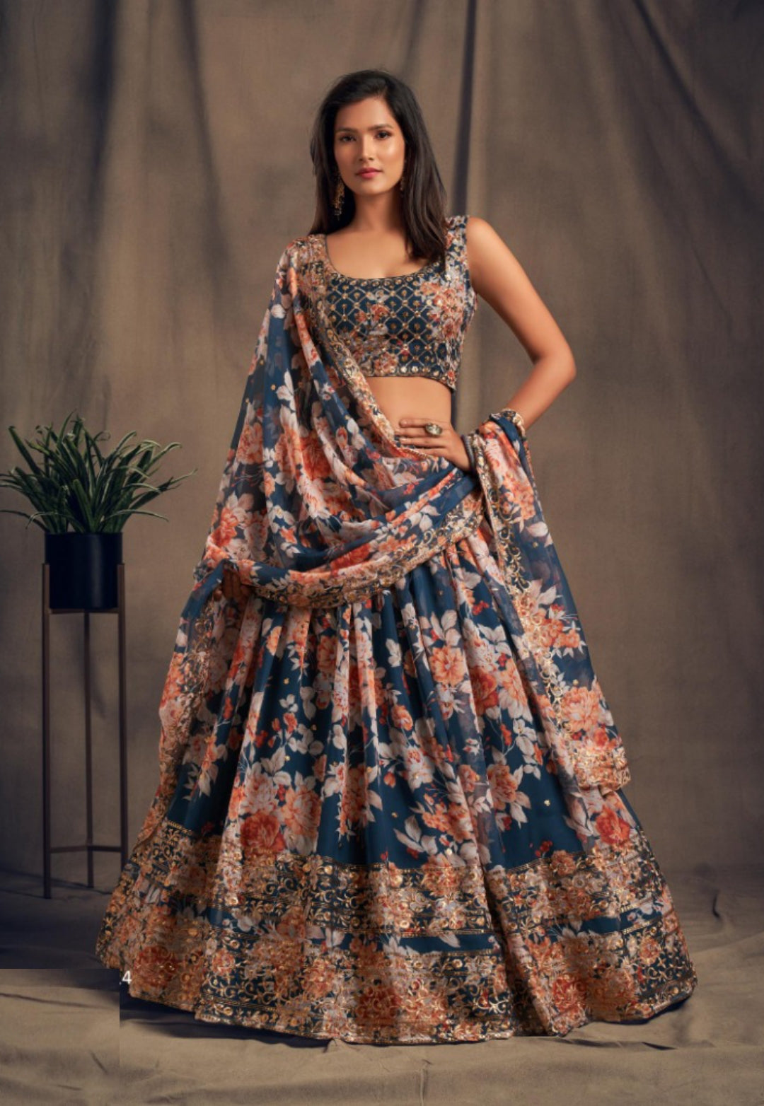 Women Teal Organza Stylish Lehenga