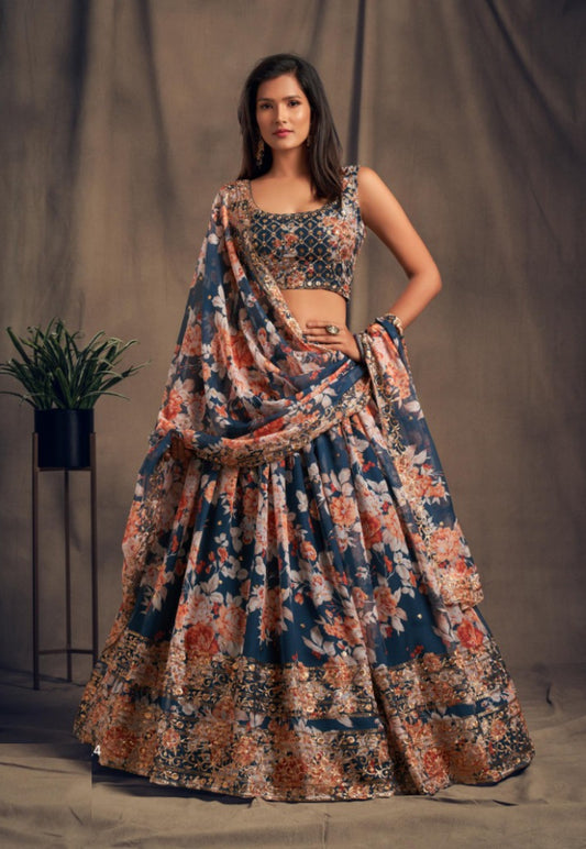 Women Teal Organza Stylish Lehenga