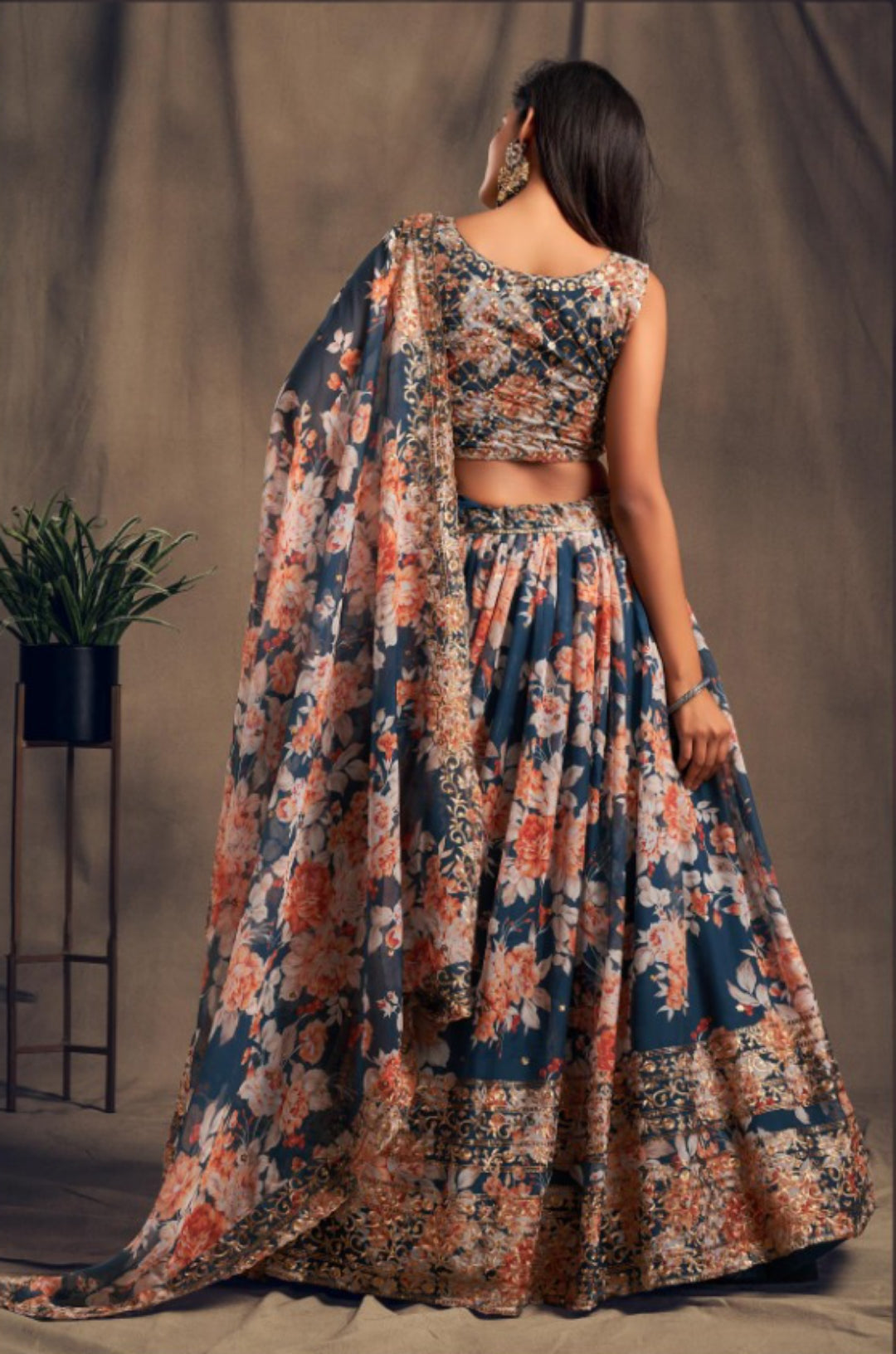 Women Teal Organza Stylish Lehenga