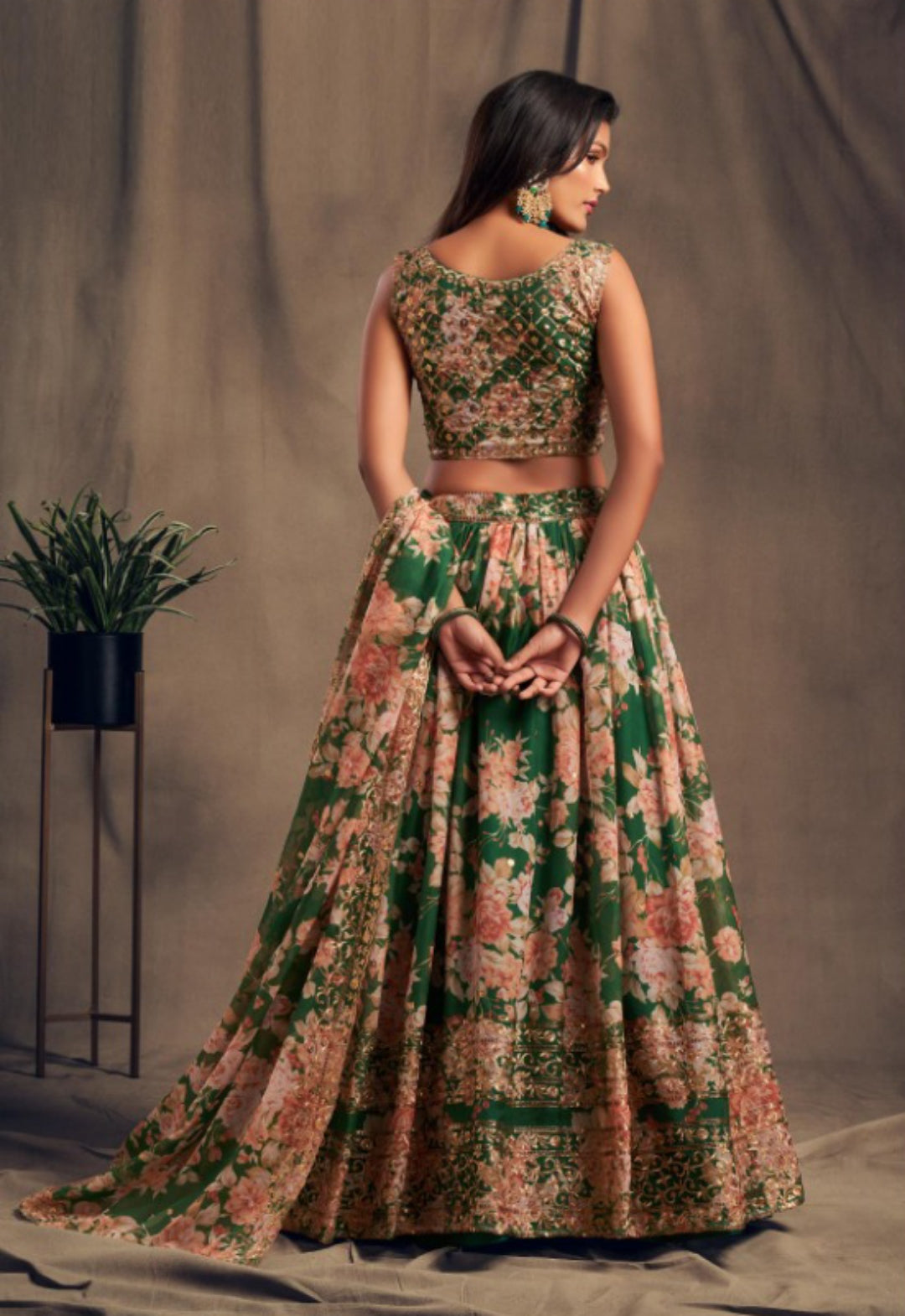 Women Green Organza Stylish Lehenga