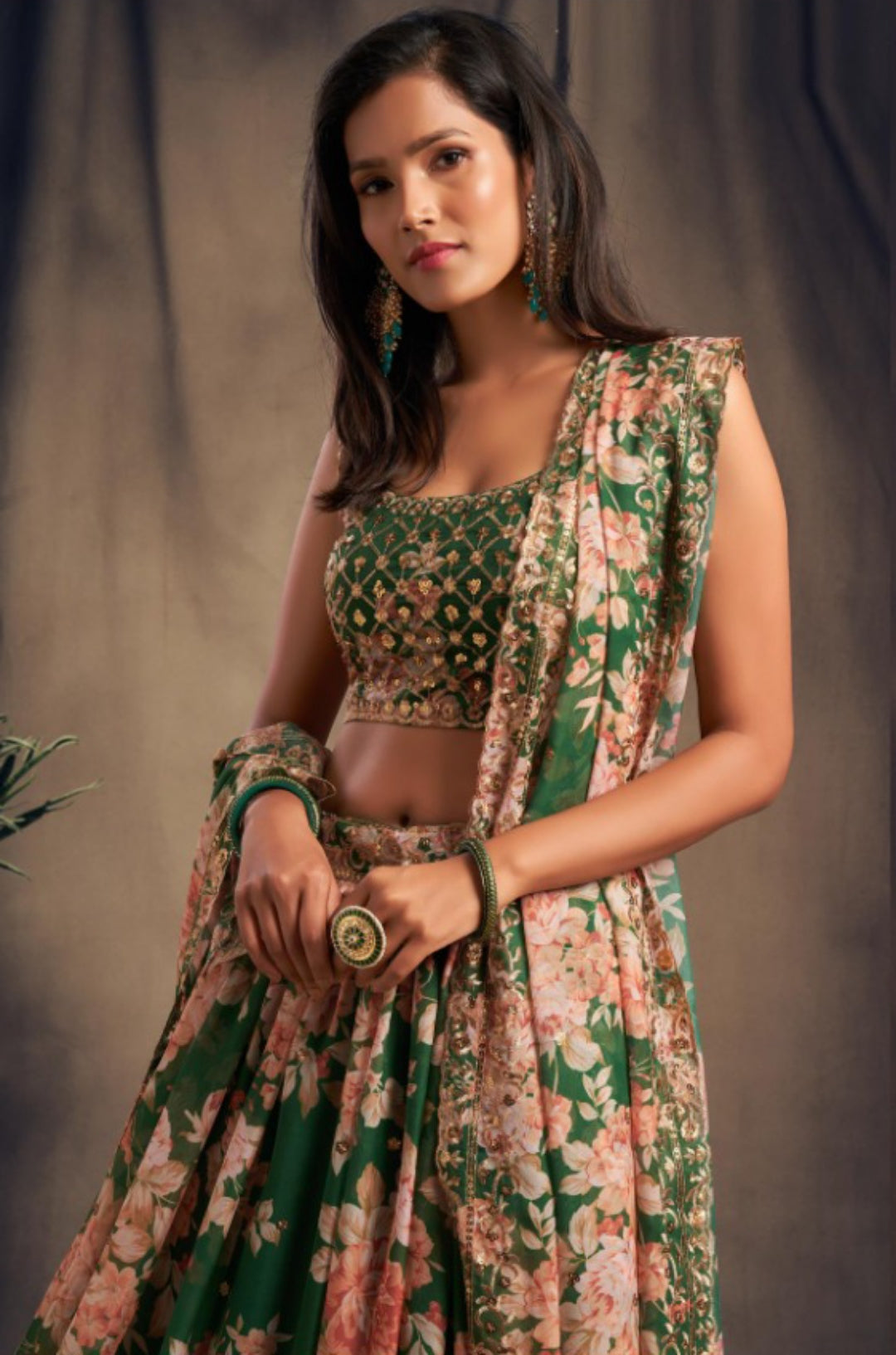Women Green Organza Stylish Lehenga