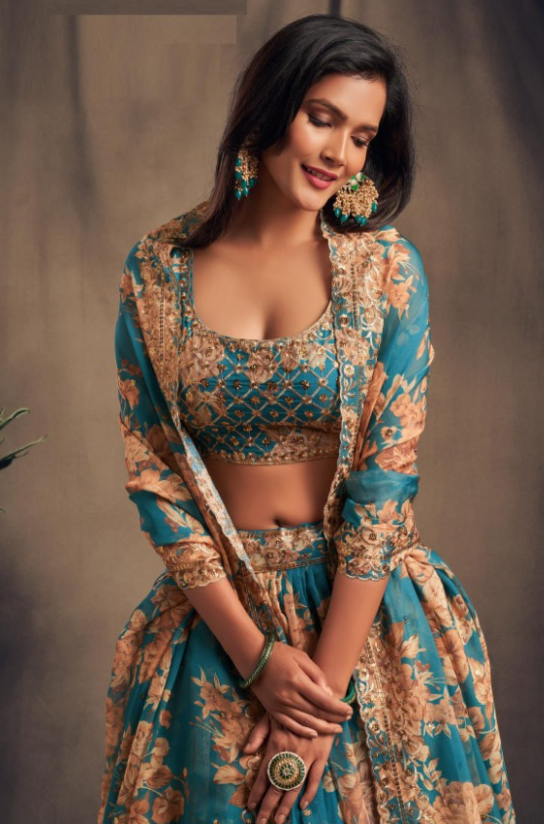 Sleek Blue Organza Stylish Lehenga