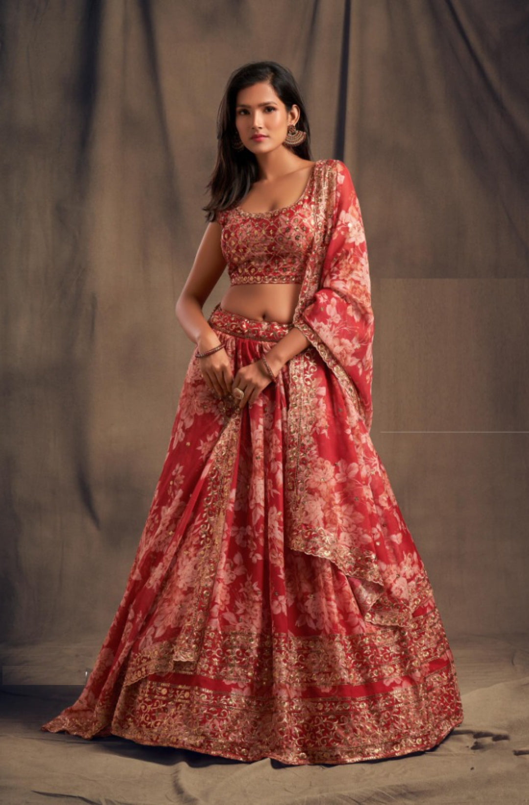 Women Red Organza Stylish Lehenga