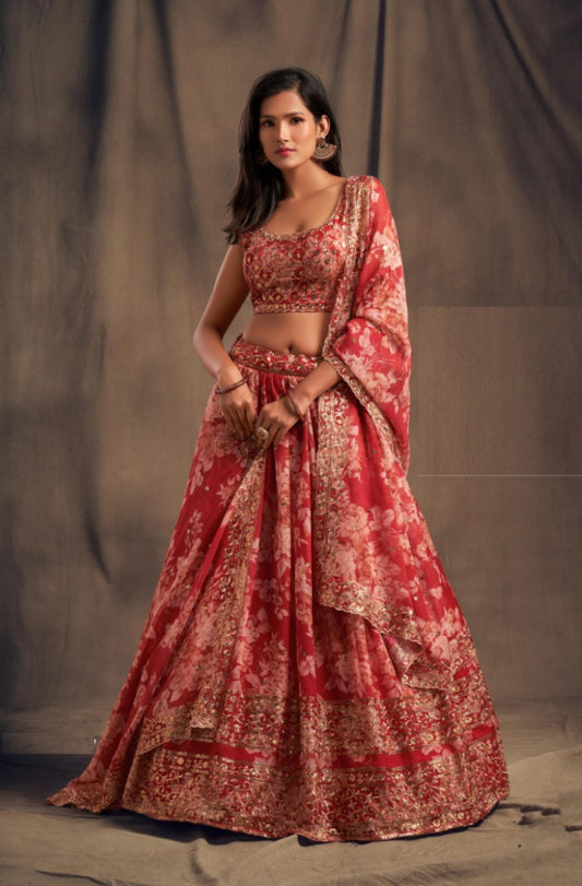Women Red Organza Stylish Lehenga