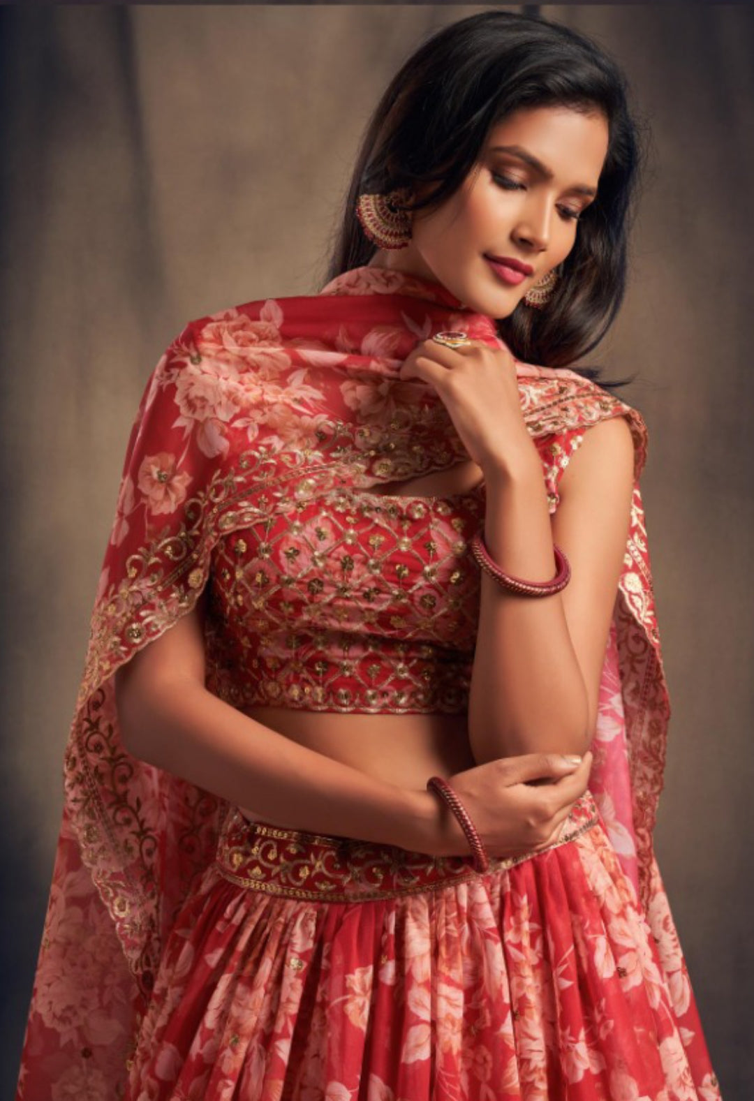 Women Red Organza Stylish Lehenga